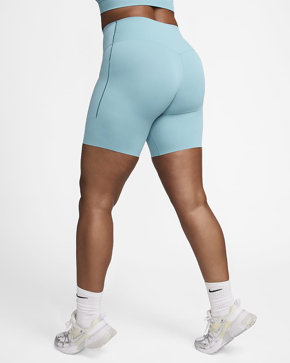 Shorts de ciclismo con bolsillos de 20 cm de tiro alto y media sujeción para mujer Nike Universa - Denim turquesa/Negro