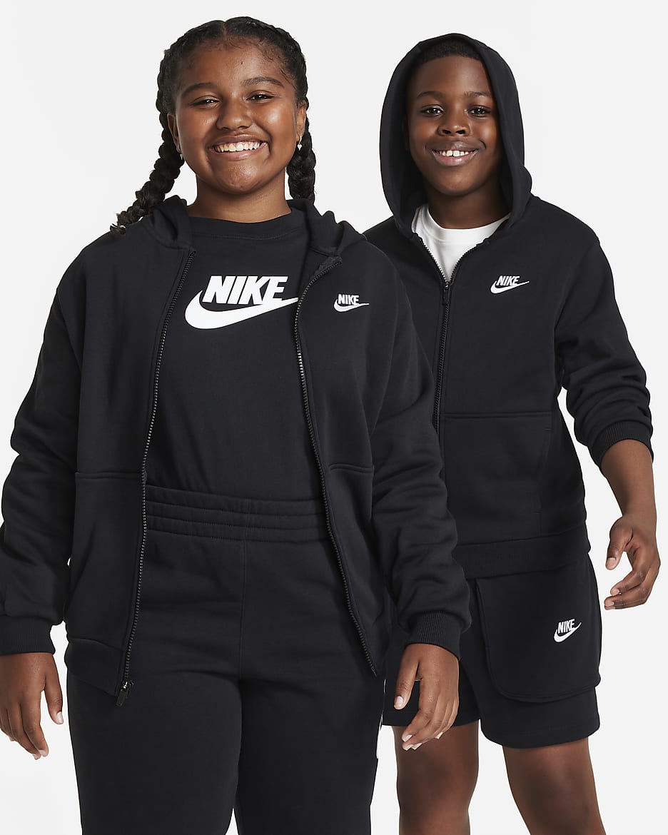 Sudadera con gorro de cierre completo para niños talla grande Nike Sportswear Club Fleece (talla amplia) - Negro/Blanco