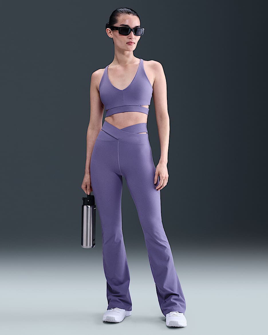 Nike Zenvy Rib Women's Gentle-Support High-Waisted Flared Leggings - Dusty Amethyst/White