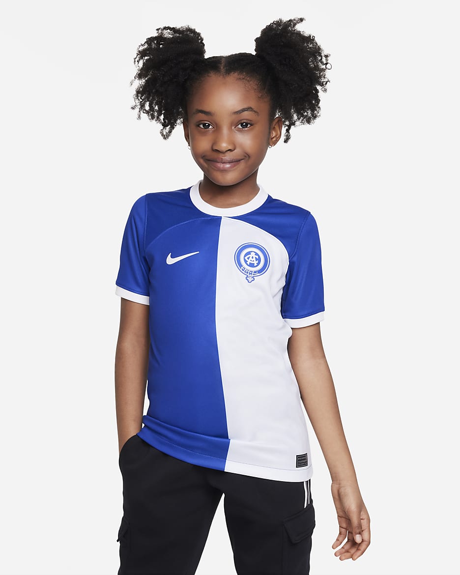 Jersey de fútbol Nike Dri-FIT del Club Atlético de Madrid visitante 2023/24 Stadium para niños talla grande - Azul eléctrico/Blanco