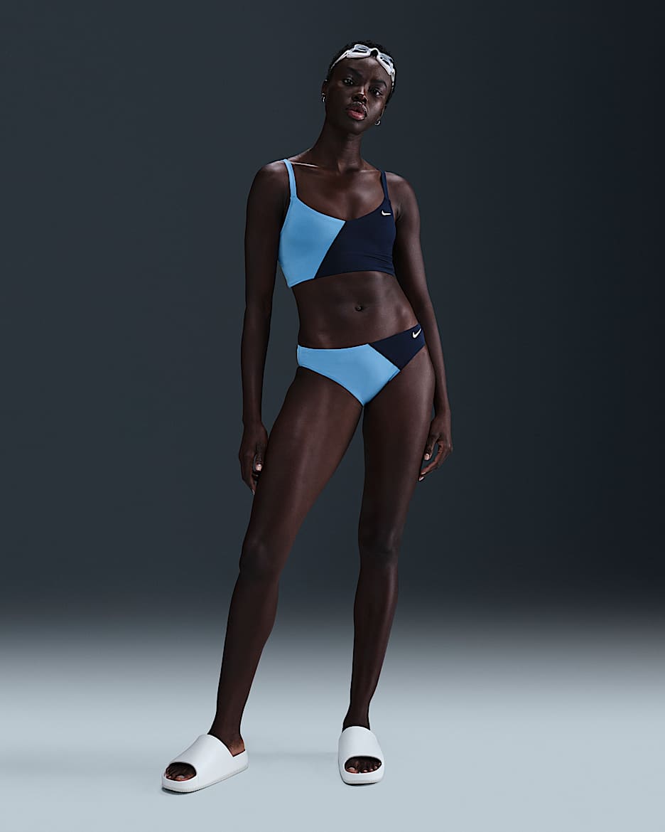 Prenda inferior de bikini Hipster Nike Swim para mujer - Azul marino medianoche/Azul universitario/Blanco