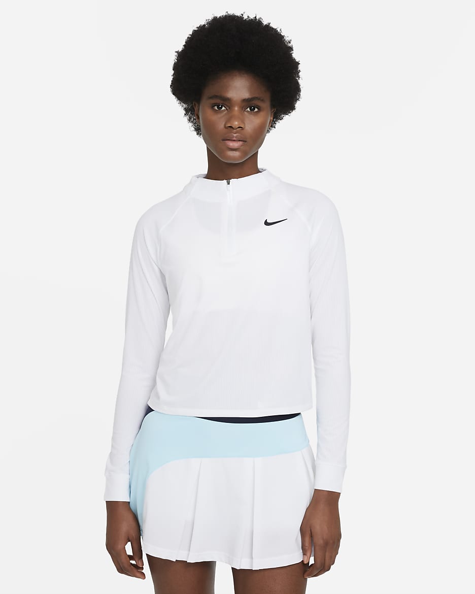 Camiseta de tenis con medio cierre de manga larga para mujer NikeCourt Dri-FIT Victory - Blanco/Negro