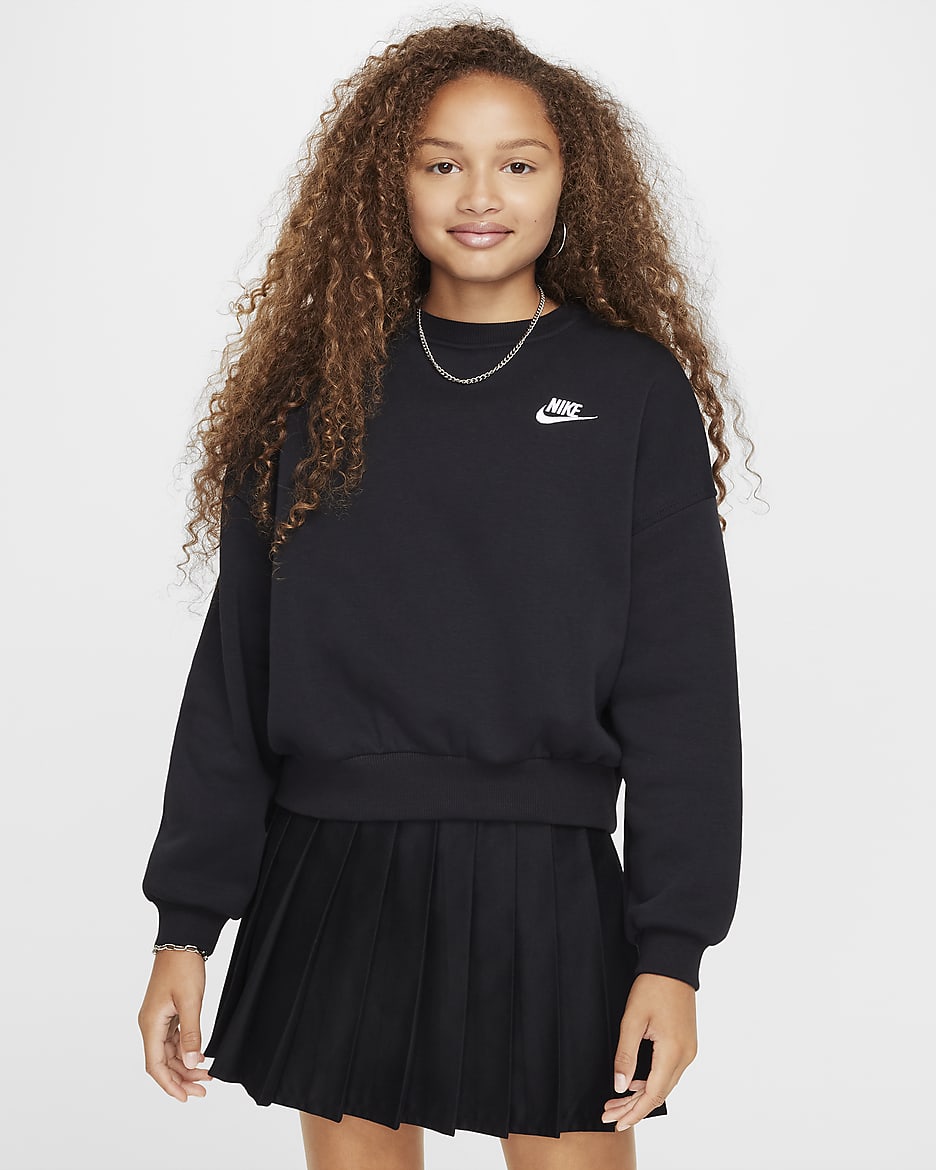 Nike Sportswear Club Fleece Girls' Boxy Crew-Neck Sweatshirt - Black/White