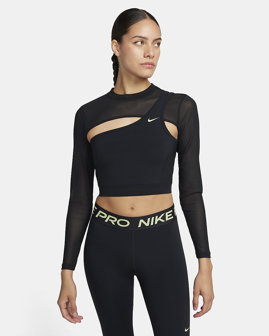 Top cropped de manga larga para mujer Nike Pro - Negro/Negro/Toque de limón claro