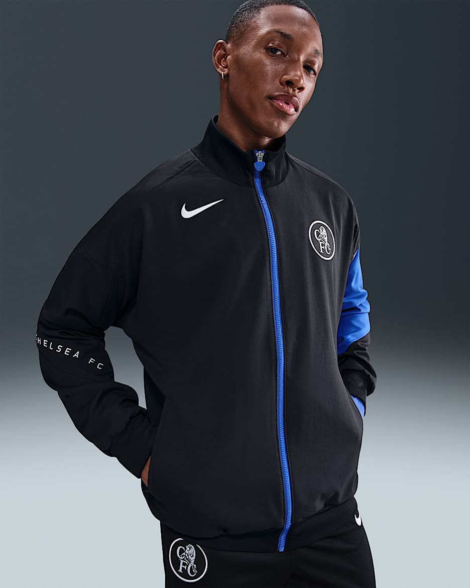Chelsea F.C. Strike Third Men's Nike Dri-FIT Total 90 Football Anthem Jacket - Black/Game Royal/Field Silver