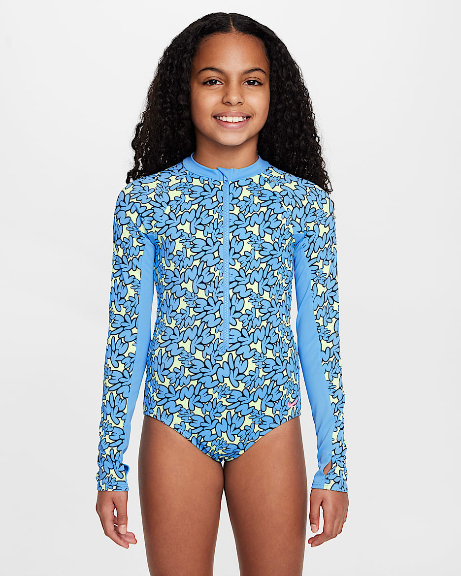 Traje de baño de una pieza de manga larga para niña talla grande Nike Swim - Azul universitario/Voltio ligero/Azul marino medianoche/Hiperrosa