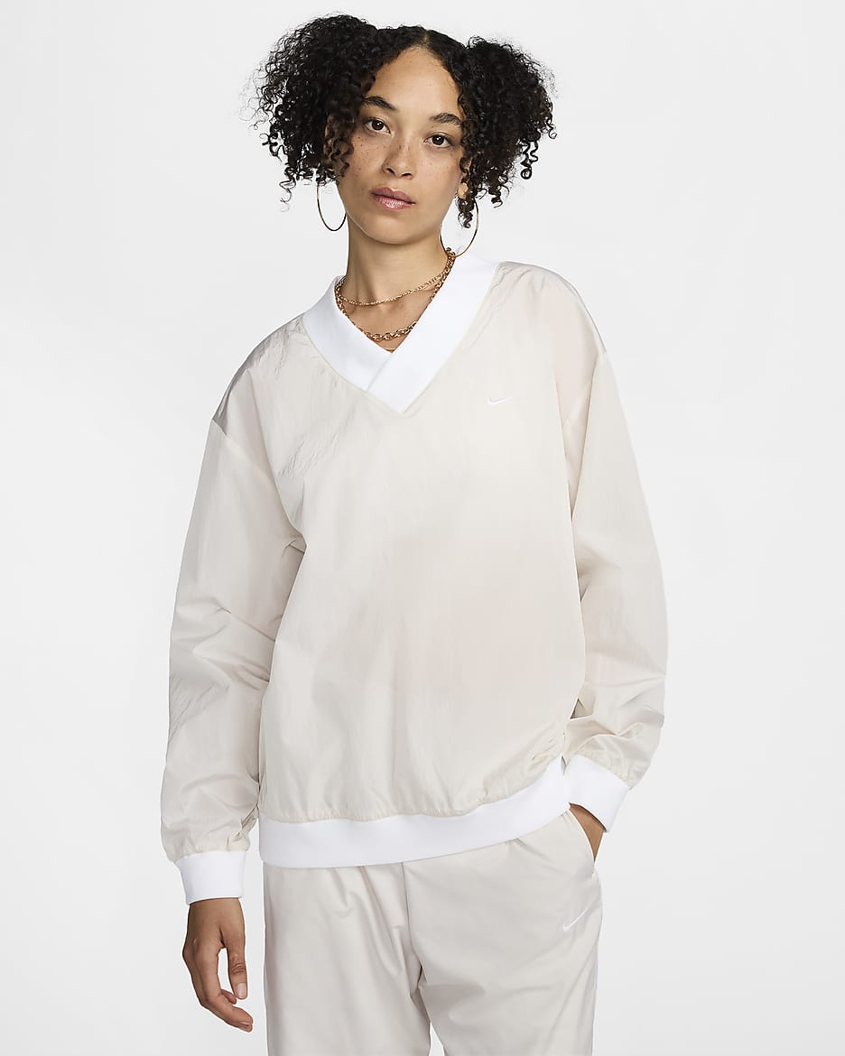 Nike Sportswear Essential Women's Loose UV Woven Long-Sleeve V-Neck Top - Light Orewood Brown/White