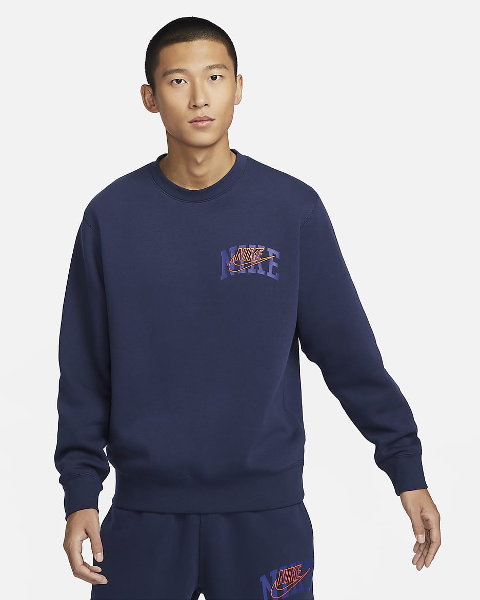 Nike Club Fleece Men's Long-Sleeve Crew-Neck Sweatshirt - Midnight Navy/Safety Orange