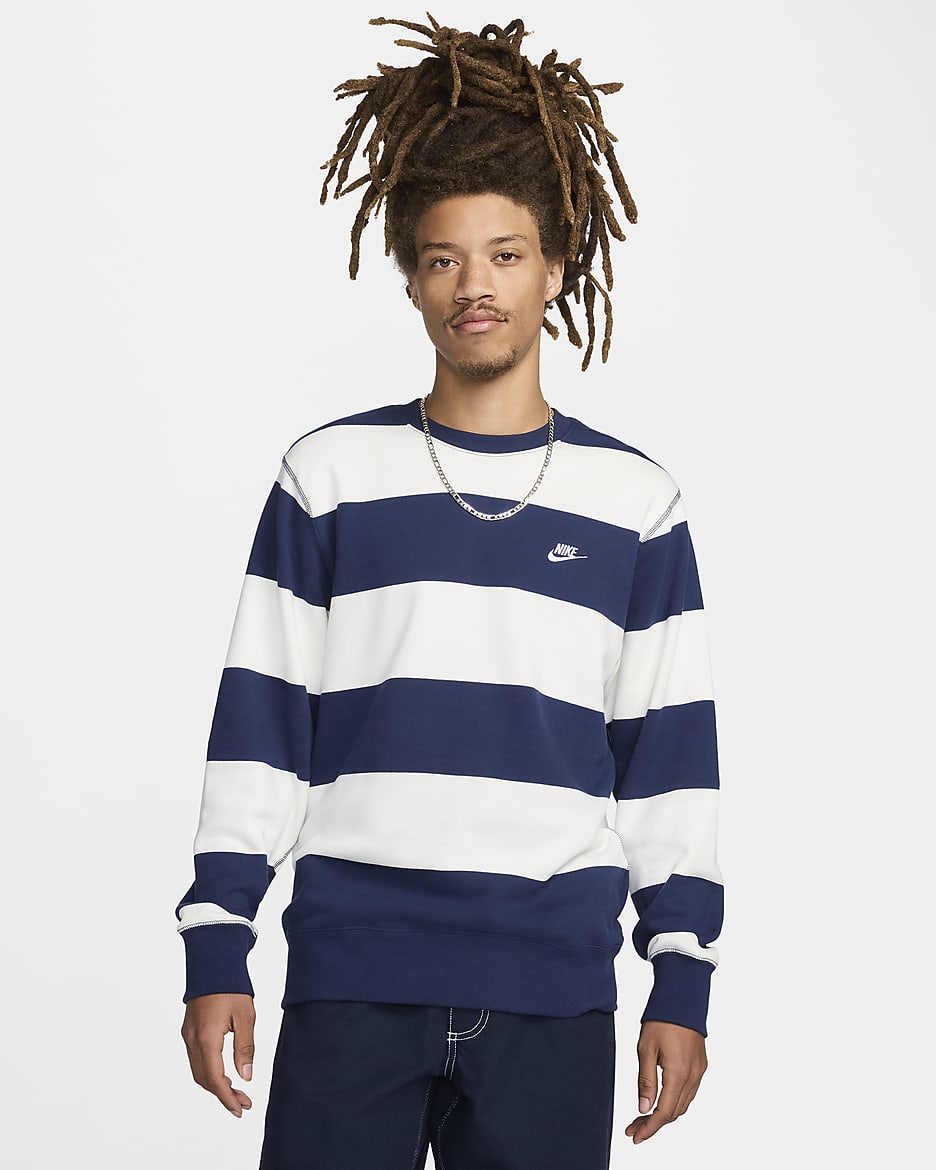 Nike Club Fleece Men's Striped Heavyweight French Terry Crew - Midnight Navy/Sail/White