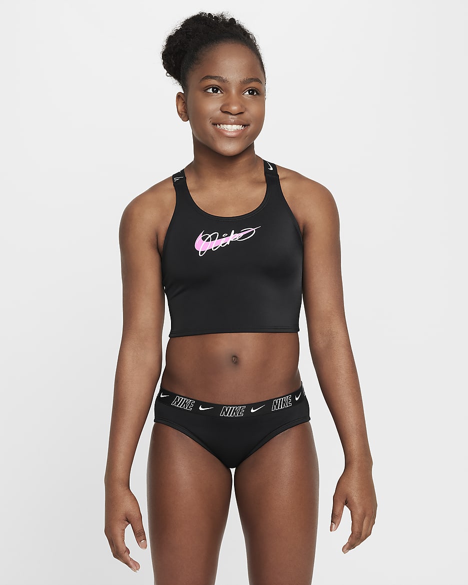 Nike Swim Midkini-sæt med krydsryg til større børn (piger) - sort/hvid/Playful Pink