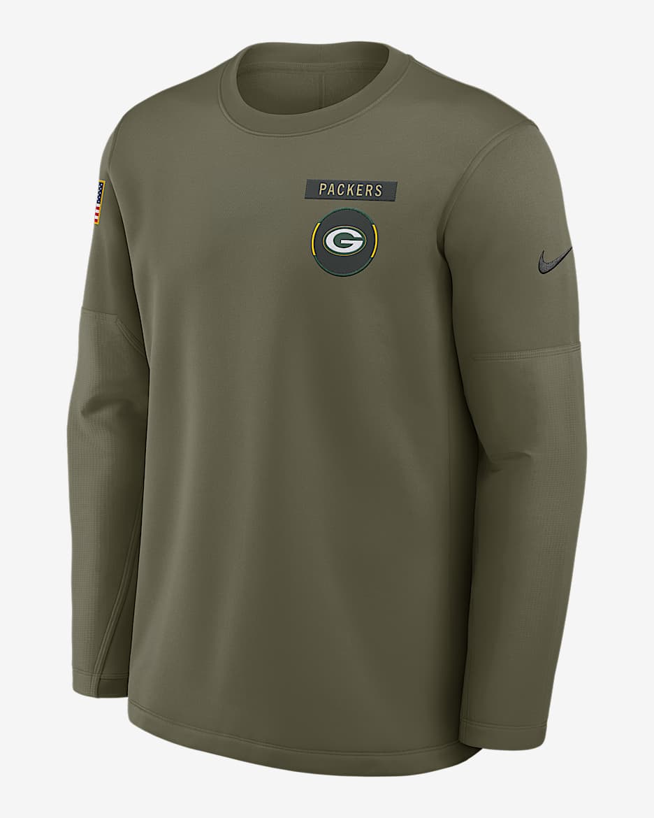 Sudadera de cuello redondo sin cierre Nike Dri-FIT de la NFL para hombre Green Bay Packers Salute to Service Sideline Triumphant Win Coach - Oliva