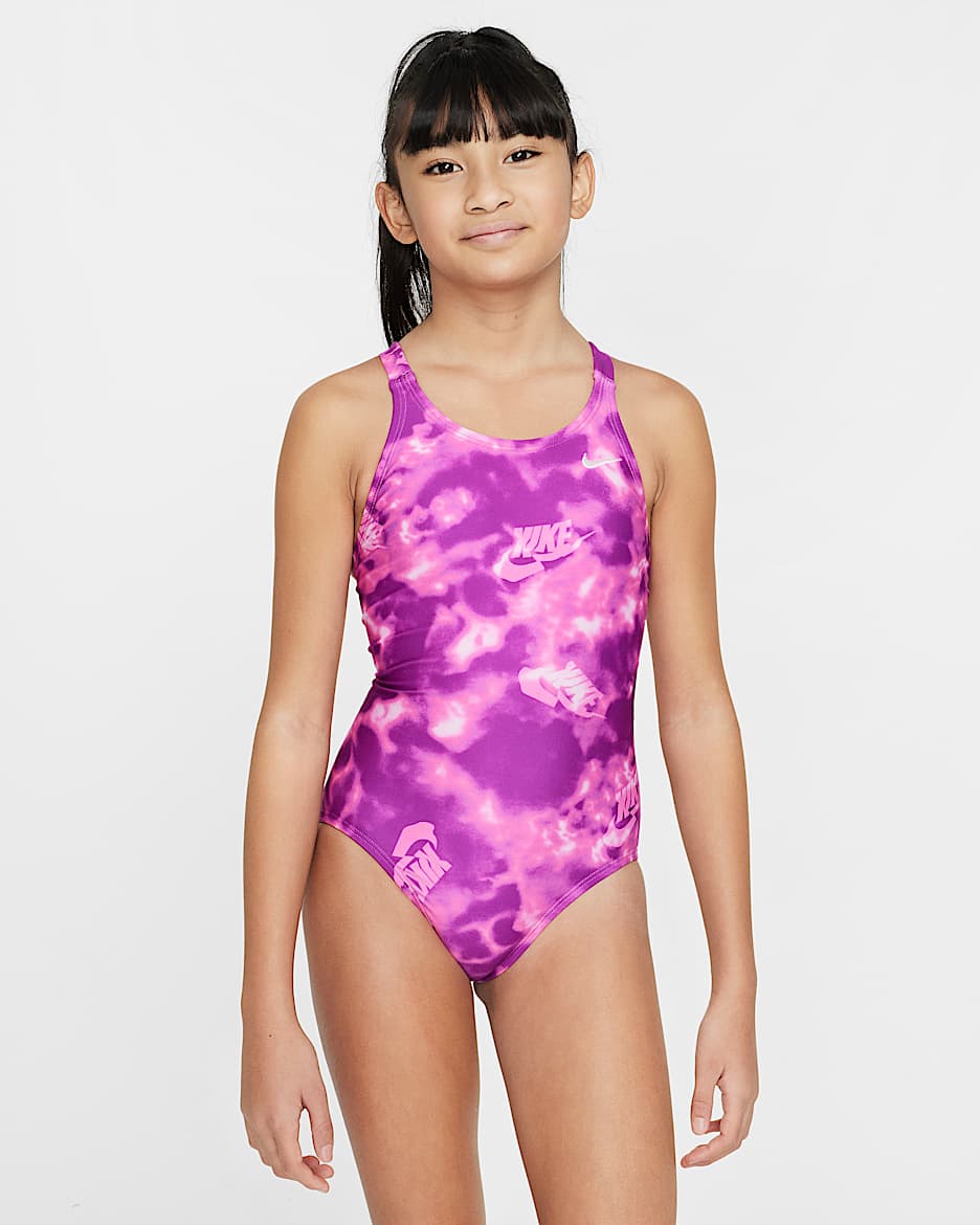 Traje de baño de una pieza con diseño Fastback Nike Swim HydraStrong para niña talla grande - Morado vivo/Blanco
