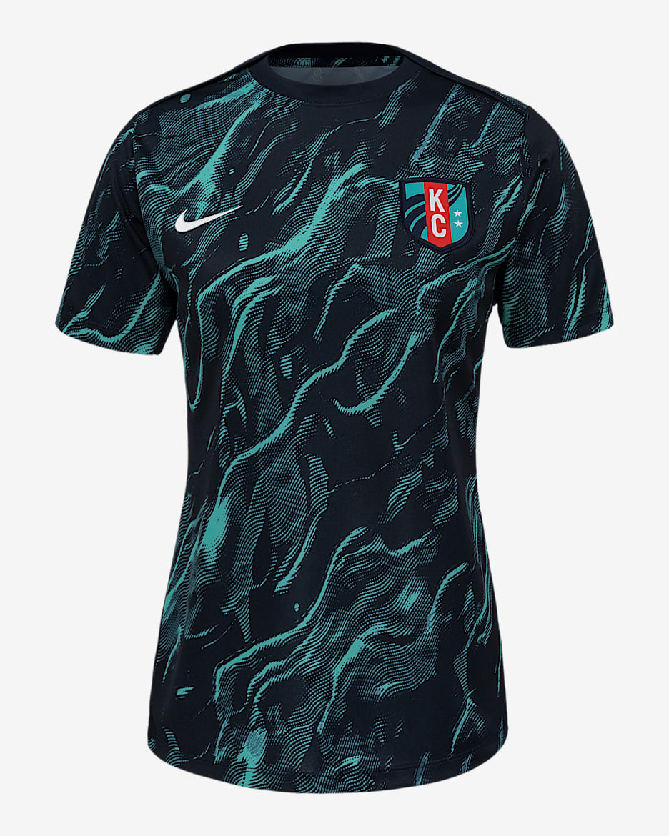 KC Current 2025 Women's Nike NWSL Short-Sleeve Pre-Match Top - Hyper Turquoise/Dark Obsidian