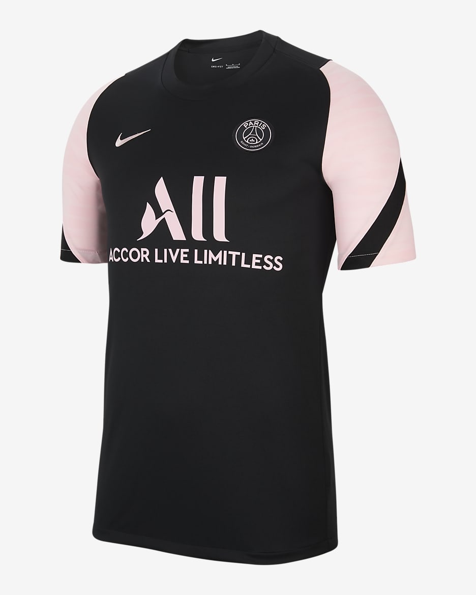 Paris Saint-Germain Strike Away Men's Nike Dri-FIT Short-Sleeve Soccer Top - Black/Arctic Punch/Black/Arctic Punch