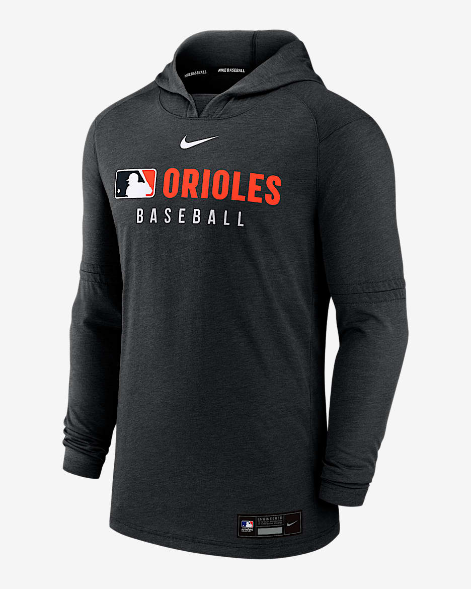 Sudadera con gorro sin cierre Nike Dri-FIT de la MLB para hombre Baltimore Orioles Authentic Collection - Negro jaspeado