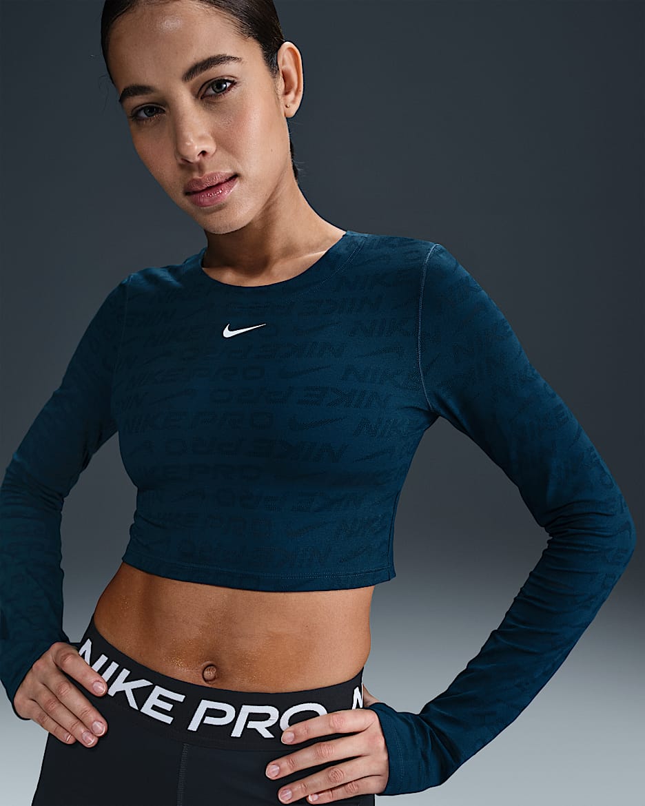 Camisola recortada de manga comprida em jacquard Dri-FIT Nike Pro para mulher - Armory Navy/Branco