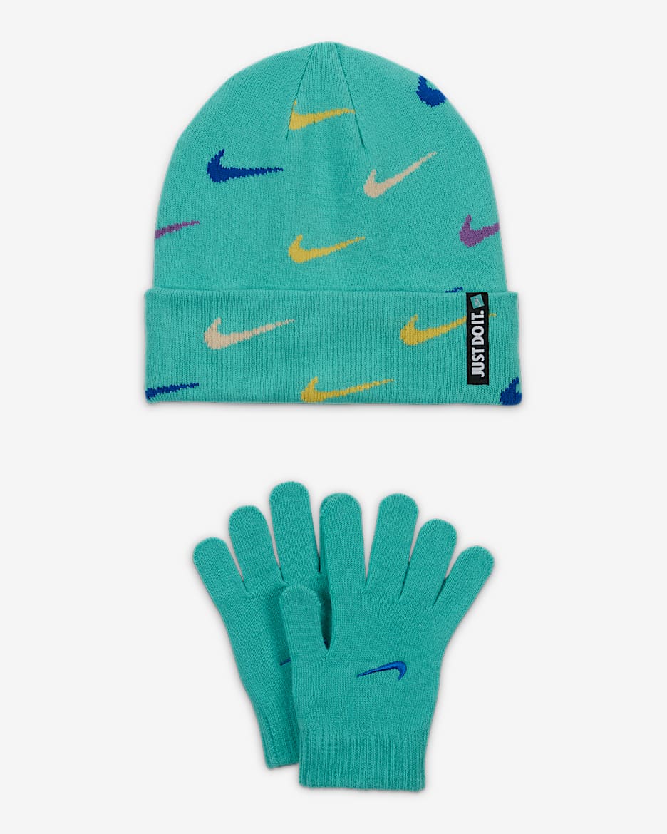 Conjunto de gorro y guantes para niños talla grande Nike Swoosh Repeat - Escarcha verde