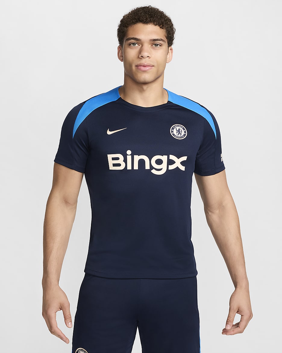 Chelsea F.C. Strike Men's Nike Dri-FIT Football Short-Sleeve Knit Top - Obsidian/Obsidian/Light Photo Blue/Guava Ice