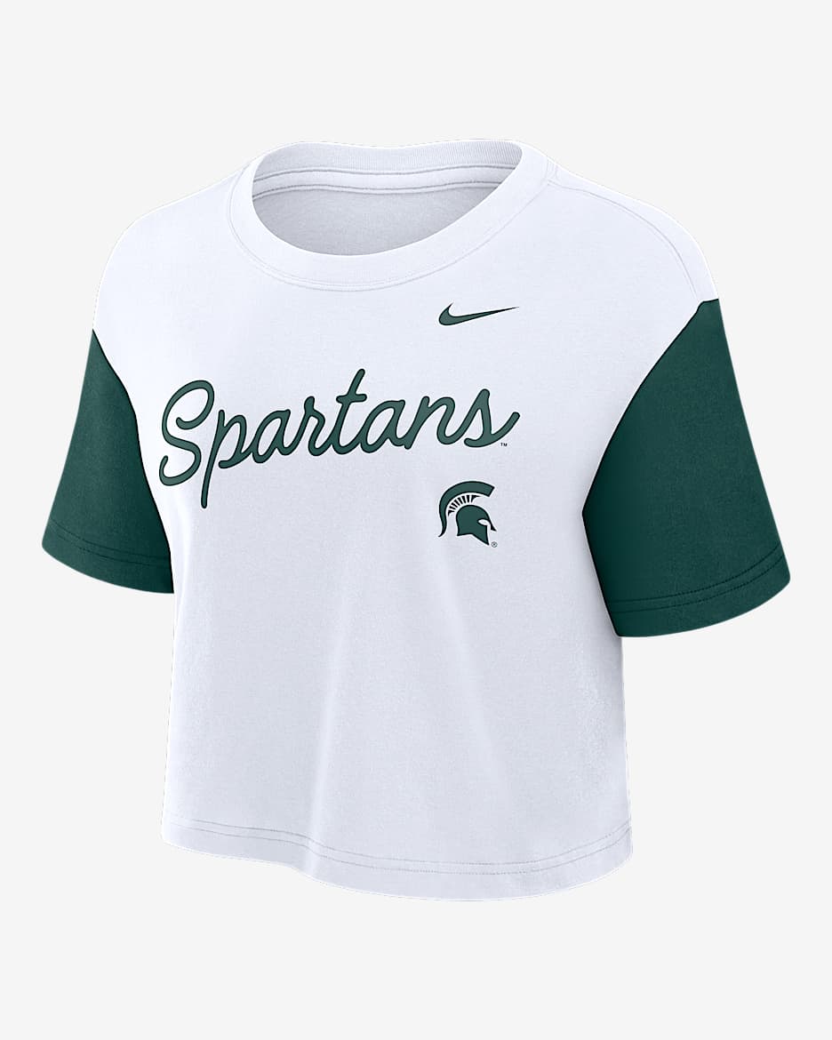 Playera universitaria Nike Dri-FIT cropped para mujer Michigan State Script - Blanco