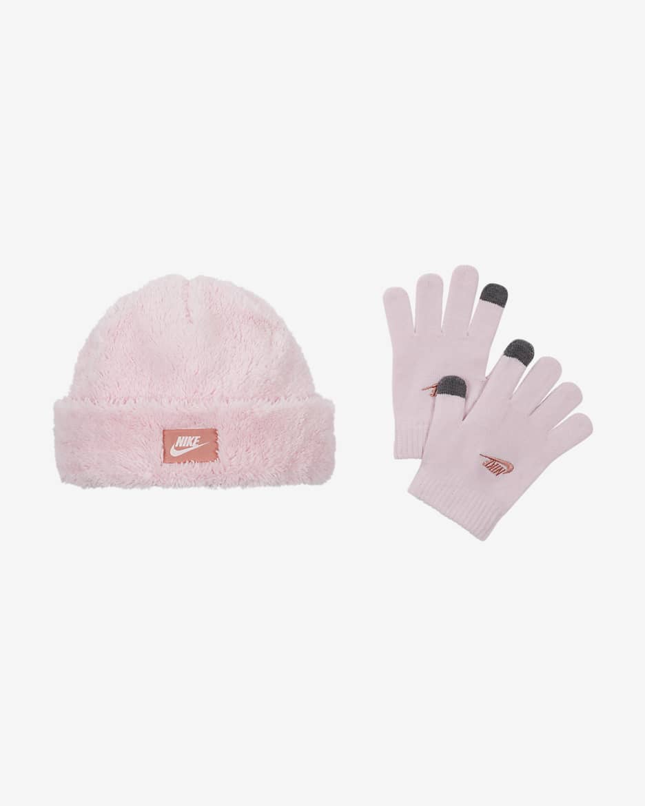 Nike Cozy Peak Beanie and Gloves Set Big Kids 2-Piece Hat Set - Pink Foam