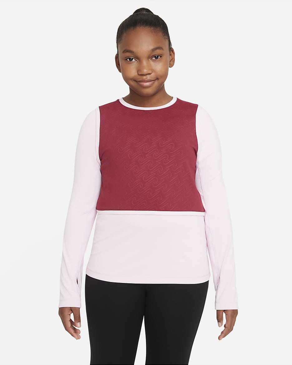 Camiseta de entrenamiento de manga larga para niña talla grande (talla extendida) Nike Pro Dri-FIT - Castaña enérgico/Espuma rosa/Blanco