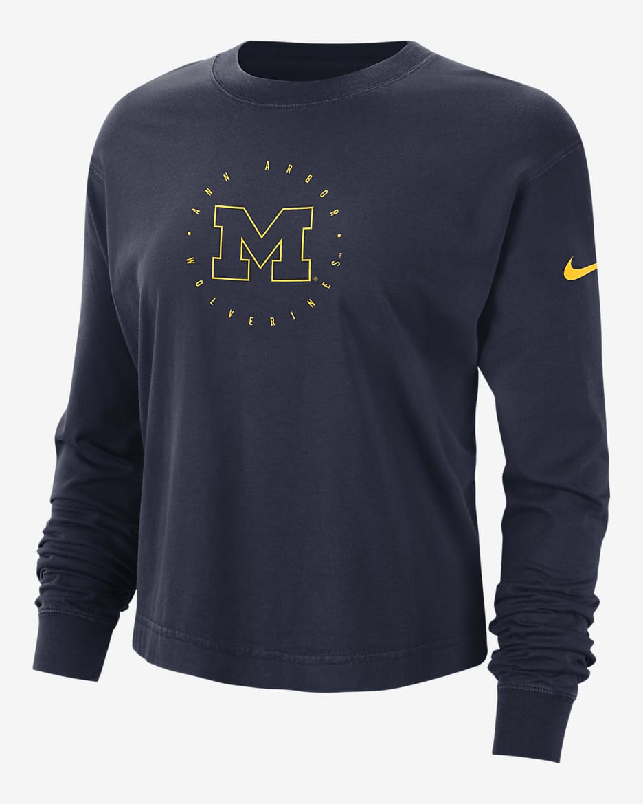 Playera de manga larga universitaria Nike para mujer Michigan - Azul marino universitario