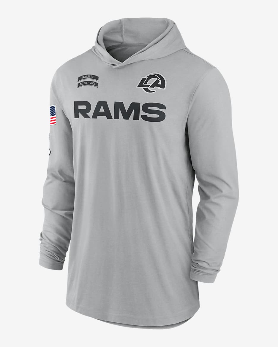 Los Angeles Rams Salute to Service Edge Mascot Lockup Men’s Nike Dri-FIT NFL Long-Sleeve Hooded Top - Flat Silver