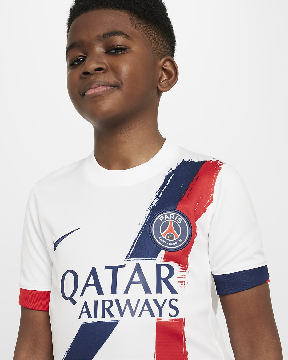 Koszulka piłkarska dla dużych dzieci Nike Dri-FIT Paris Saint-Germain Stadium 2024/25 (wersja wyjazdowa) – replika - Biel/Midnight Navy/University Red/Midnight Navy