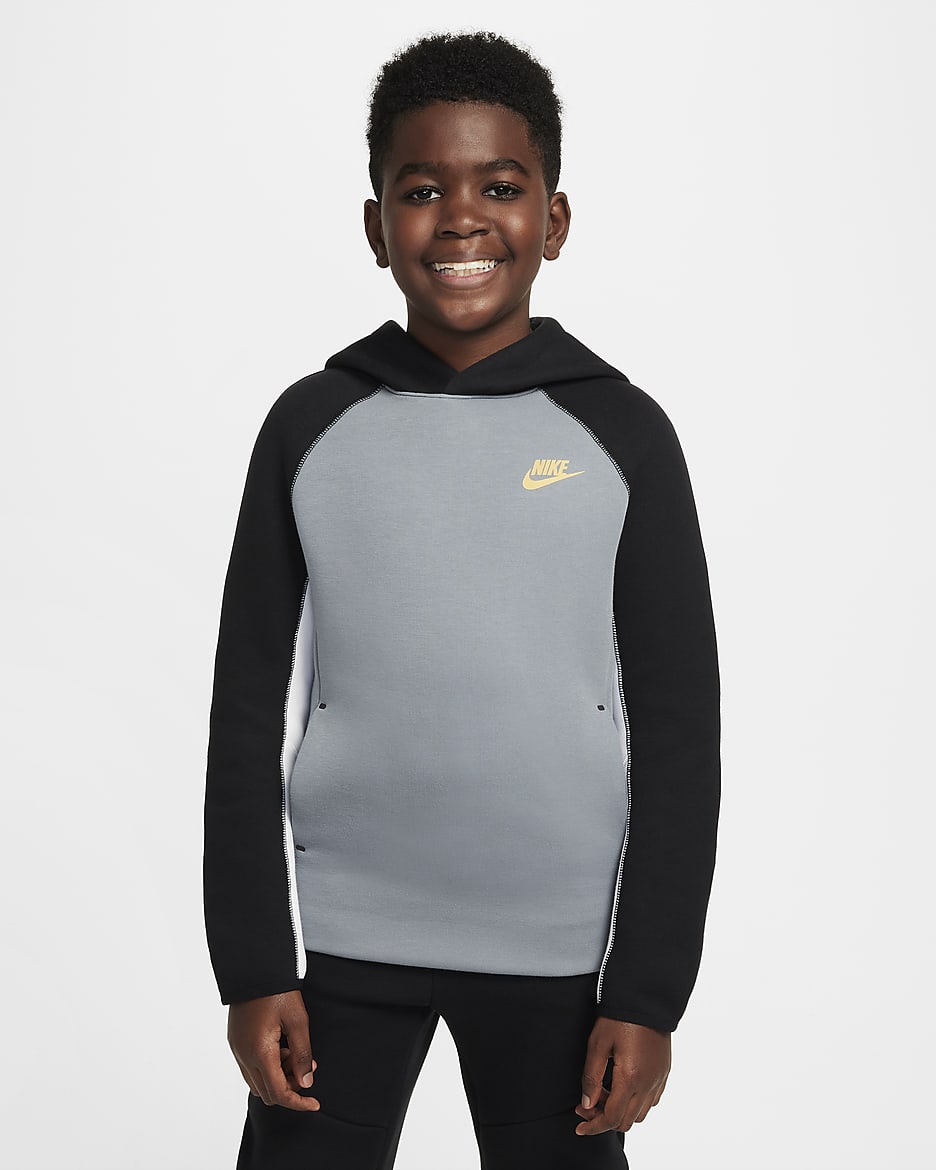 Nike Sportswear Tech Fleece Older Kids' (Boys') Pullover Hoodie - Cool Grey/Black/White/Metallic Gold