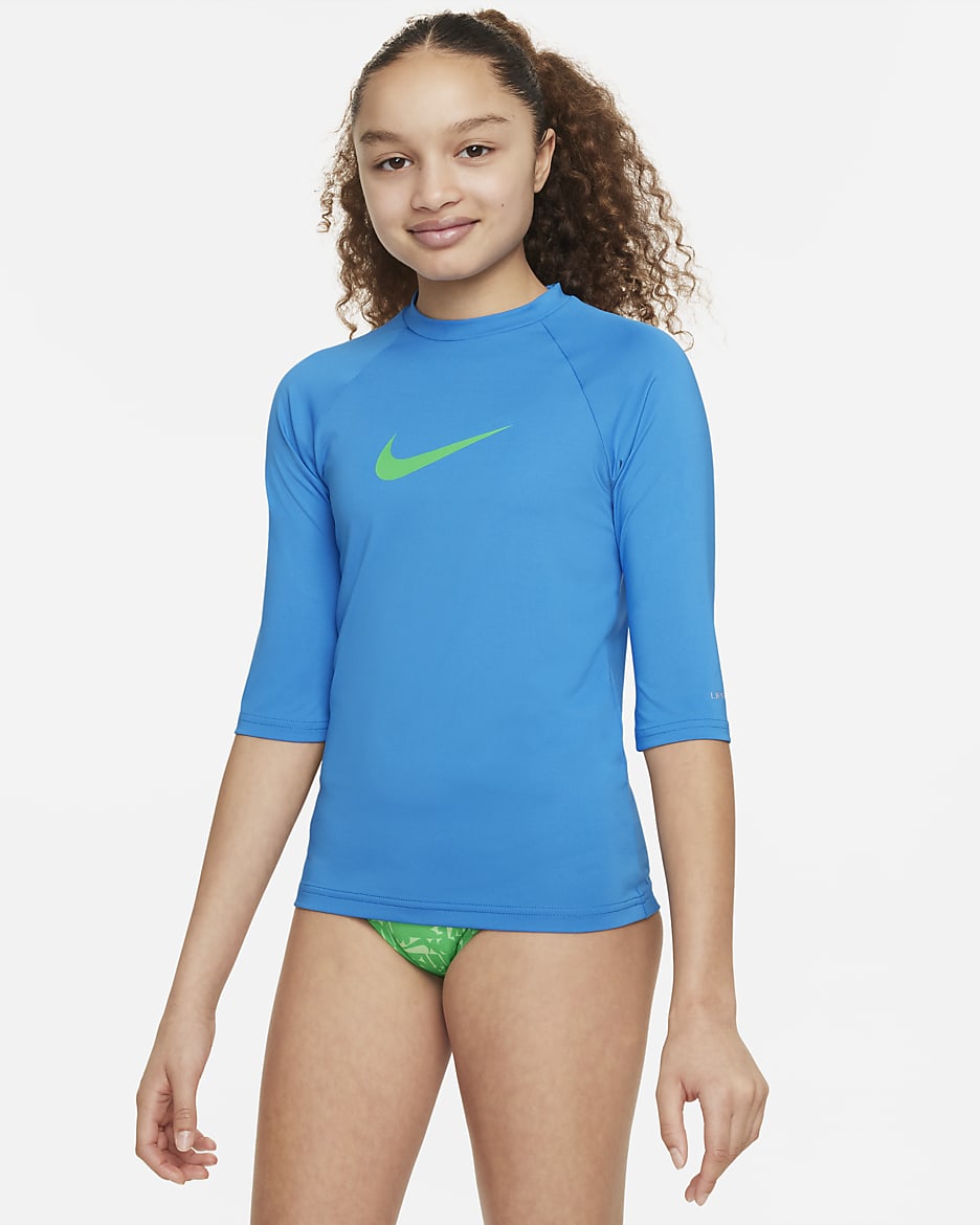 Playera Hydroguard de manga corta para niña talla grande Nike Swim - Azul foto