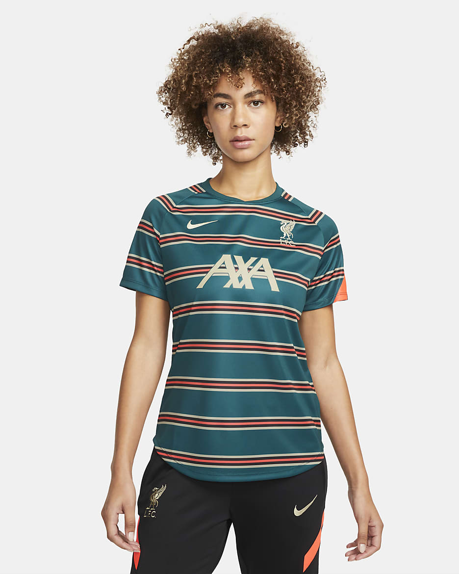 Liverpool F.C. Women's Pre-Match Short-Sleeve Football Top - Dark Atomic Teal/Bright Crimson/Mystic Stone