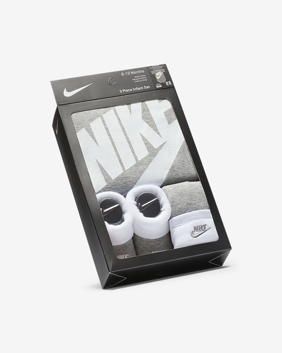 Caja de conjunto de body de tres piezas para bebé (de 0 a 9 meses) Nike Futura - Gris claro jaspeado