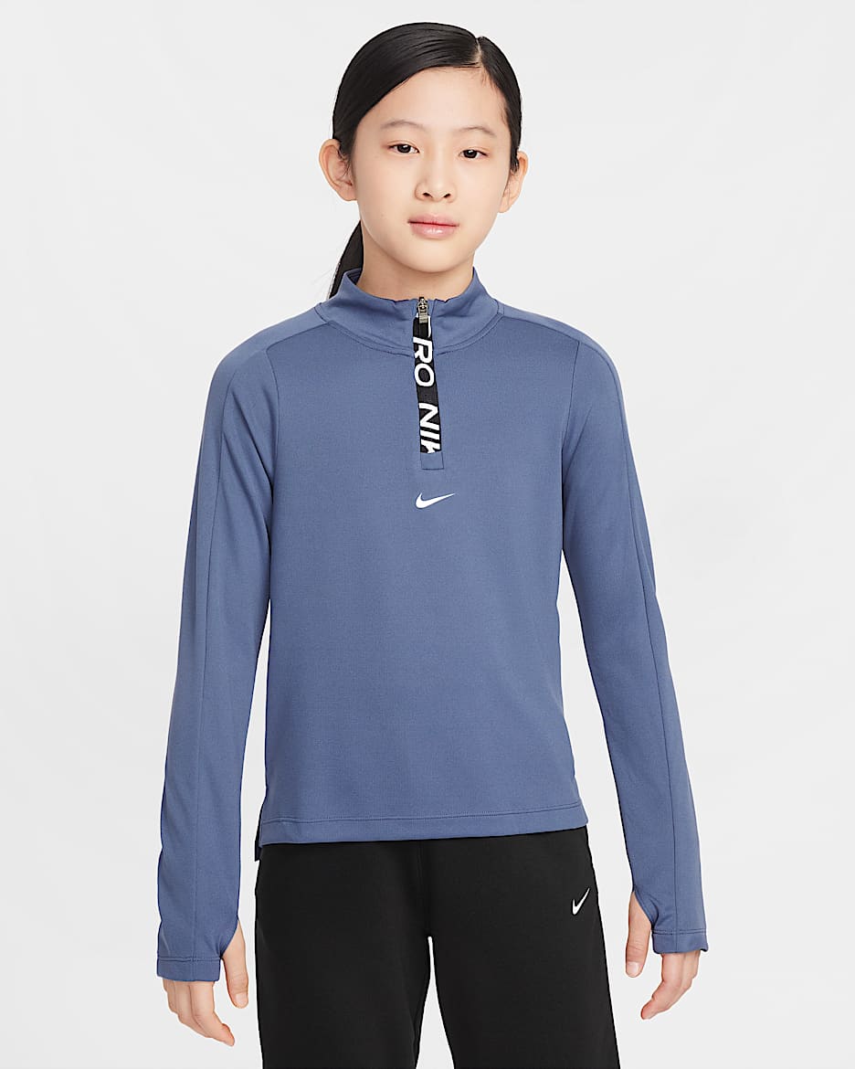 Nike Pro Dri-FIT-top med lange ærmer og 1/2-lynlås til piger - Diffused Blue/hvid