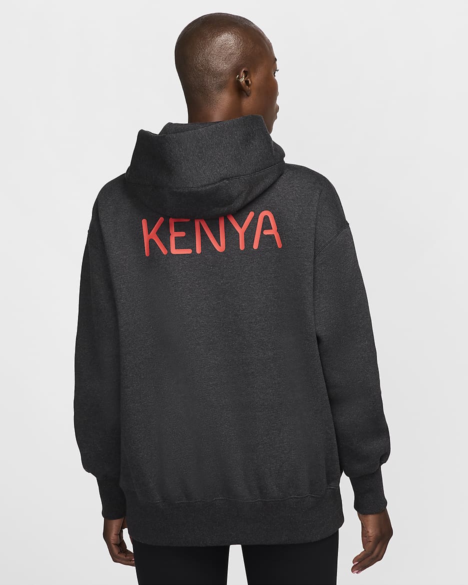 Team Kenia Phoenix Fleece Nike oversized fleecehoodie met rits over de hele lengte voor dames - Black Heather/Key Lime/Zwart/Chile Red