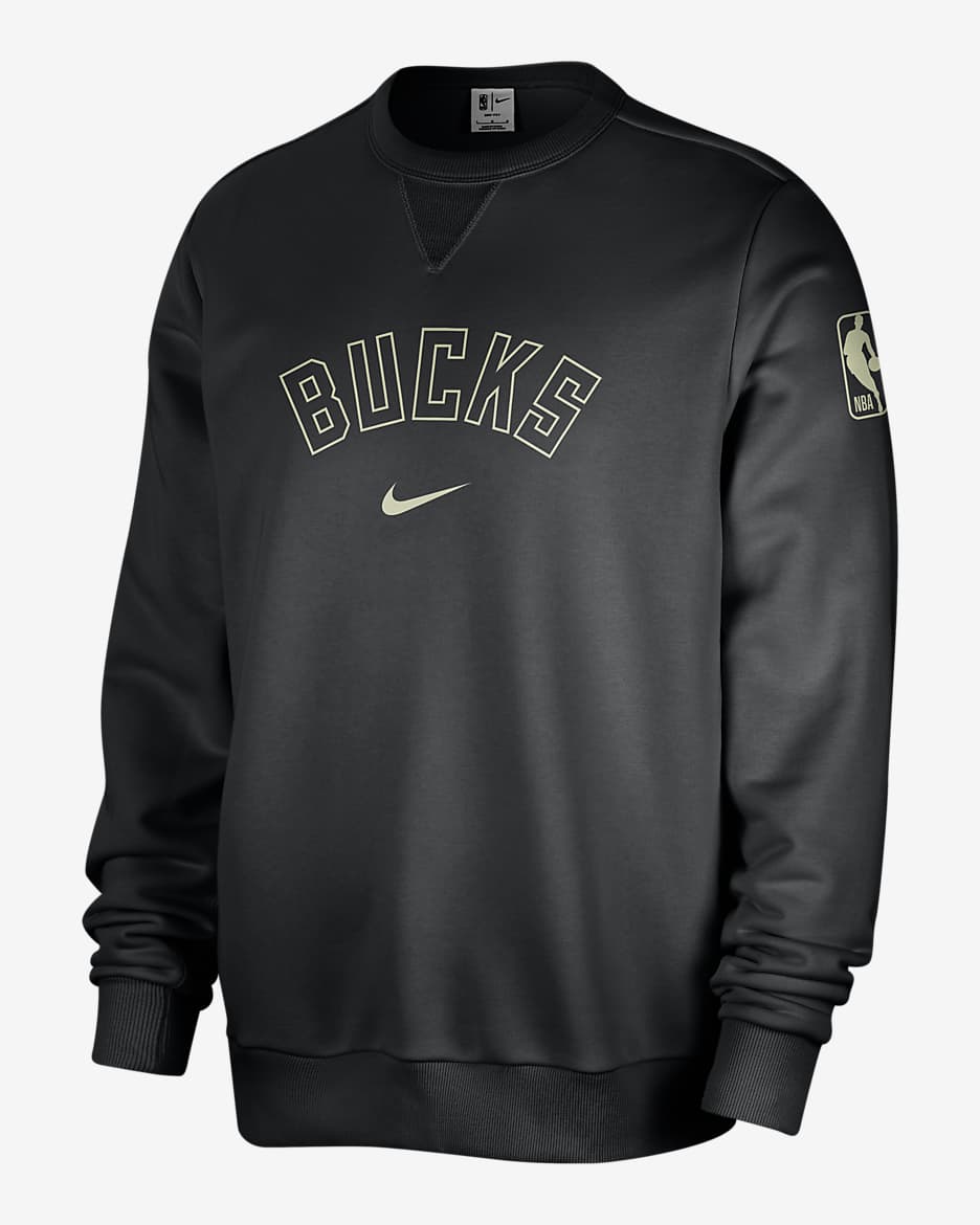 Sudadera de cuello redondo Nike Dri-FIT de la NBA para hombre Milwaukee Bucks Standard Issue - Negro/Marfil pálido/Aura oliva