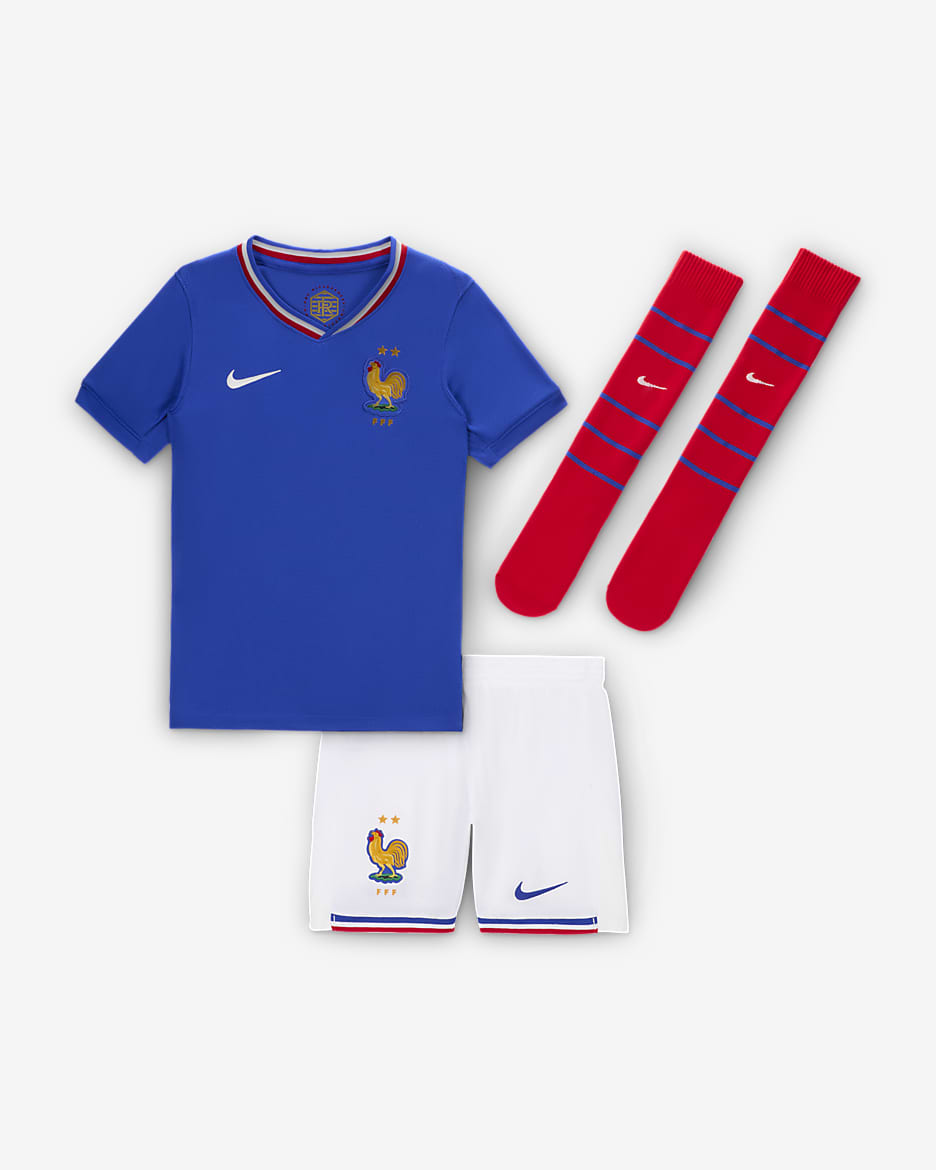 Ensemble 3 pièces replica Nike Football FFF 2024/25 Stadium Domicile pour enfant - Bright Blue/University Red/Blanc/Blanc