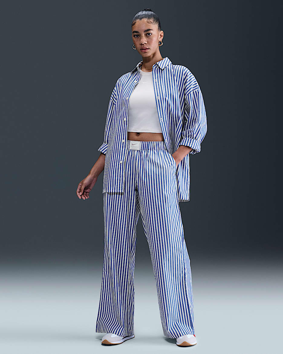 Pants rayados holgados de tiro medio para mujer Nike Sportswear Chill Poplin - Royal juego/Vela/Negro
