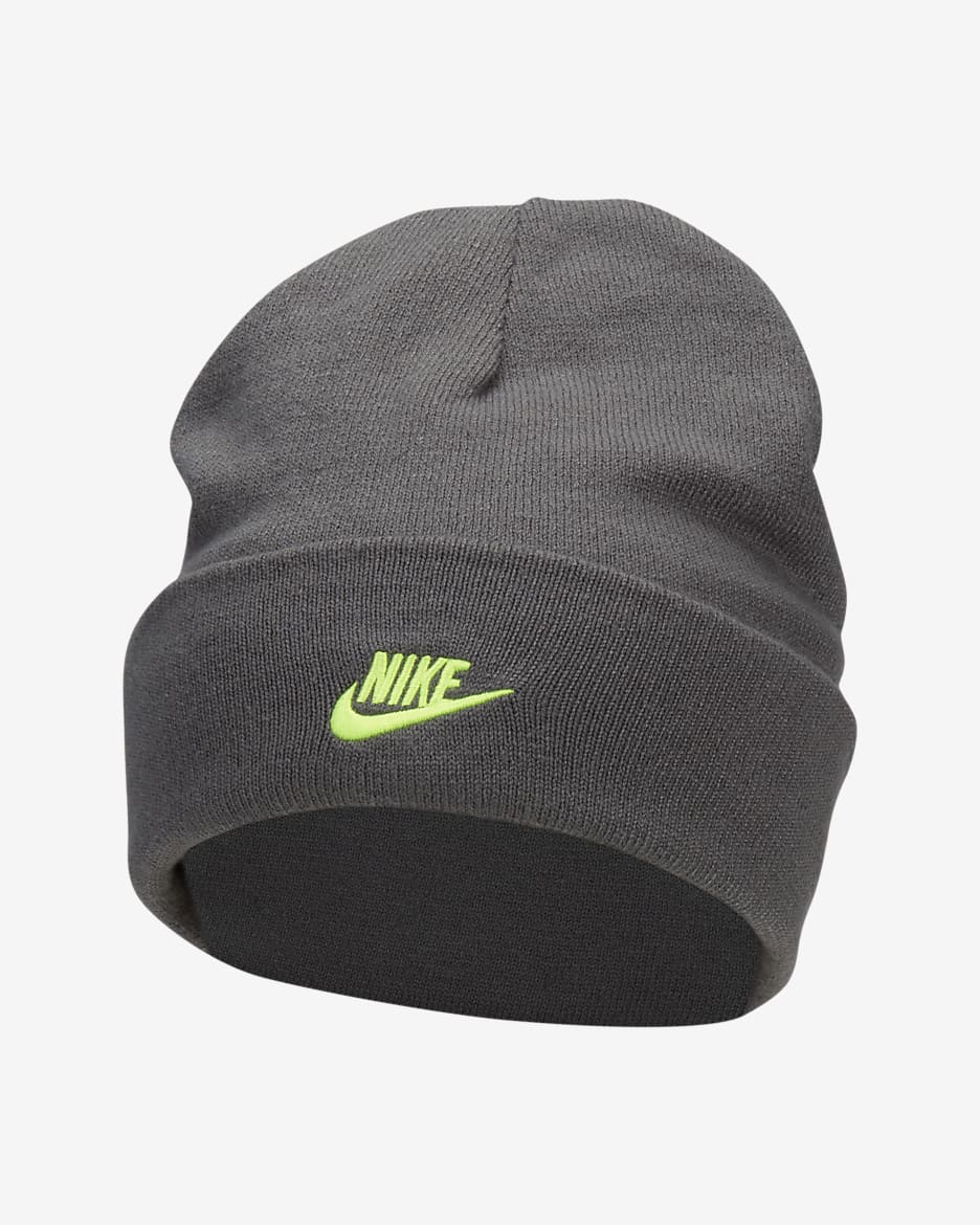 Nike Peak omkeerbare beanie met hoge boord en smiley voor kids - Iron Grey/Volt/Volt