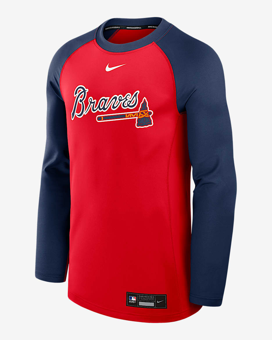 Sudadera de cuello redondo sin cierre Nike Dri-FIT de la MLB para hombre Atlanta Braves Authentic Collection Game Time - Rojo