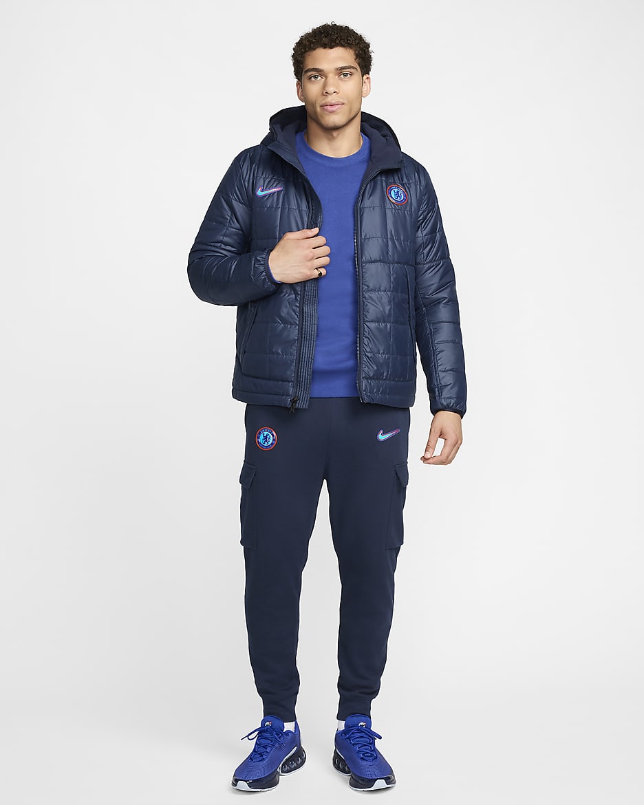 Chelsea F.C. Men's Nike Fleece-Lined Hooded Jacket - Obsidian/White