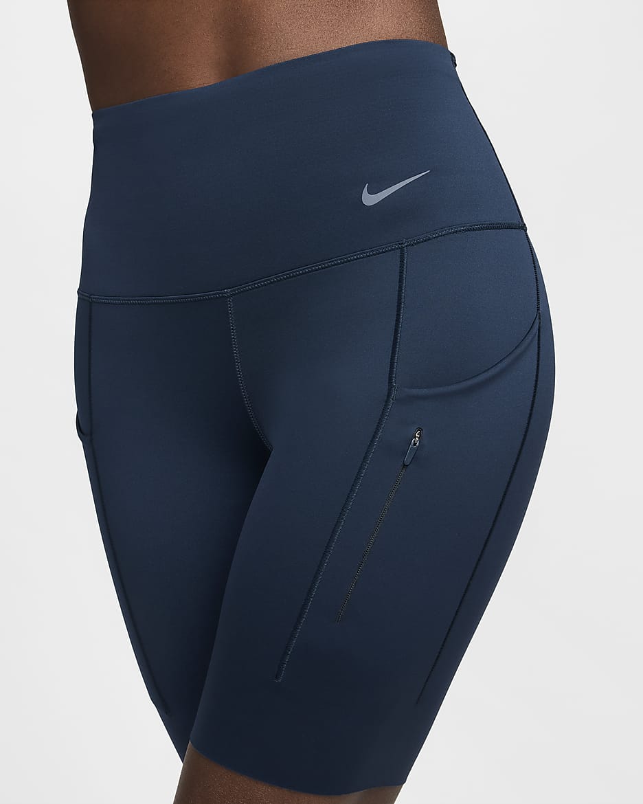 Nike Go Biker-Shorts (ca. 20 cm) mit starkem Halt, hohem Bund und Taschen für Damen - Armory Navy/Schwarz