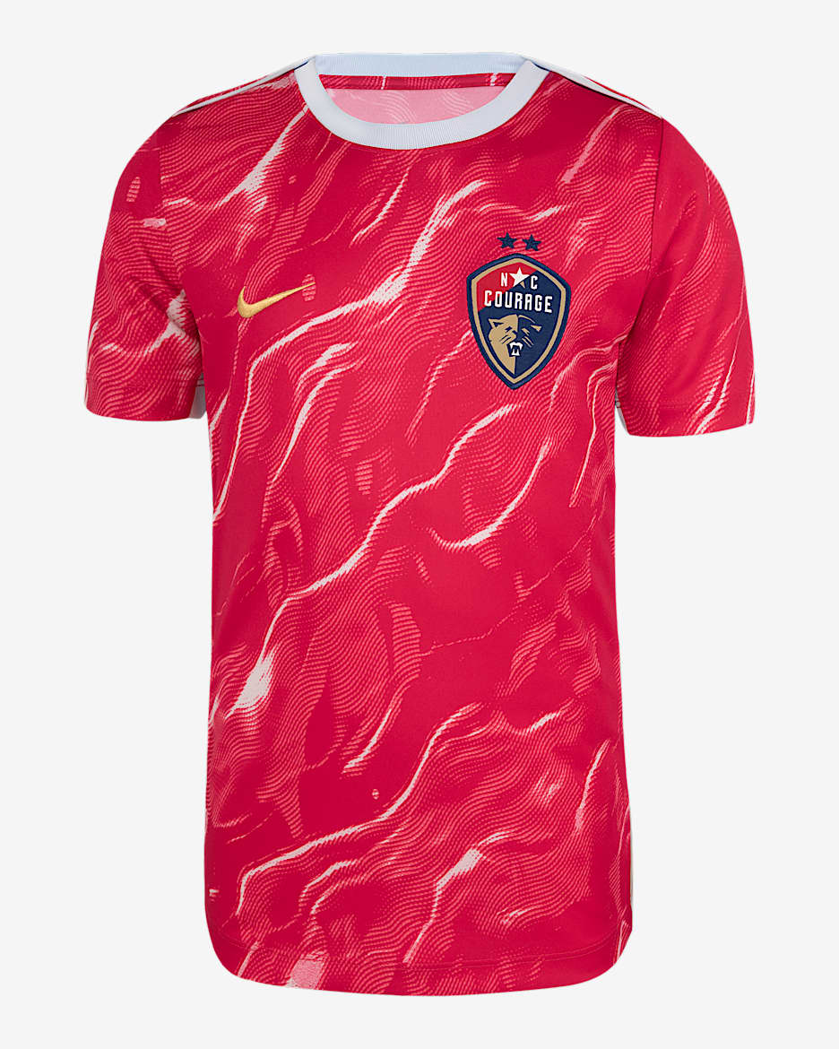 Playera de manga corta Nike de la NWSL para antes del partido para niños talla grande North Carolina Courage 2025 - Tinte azul/Baya intenso