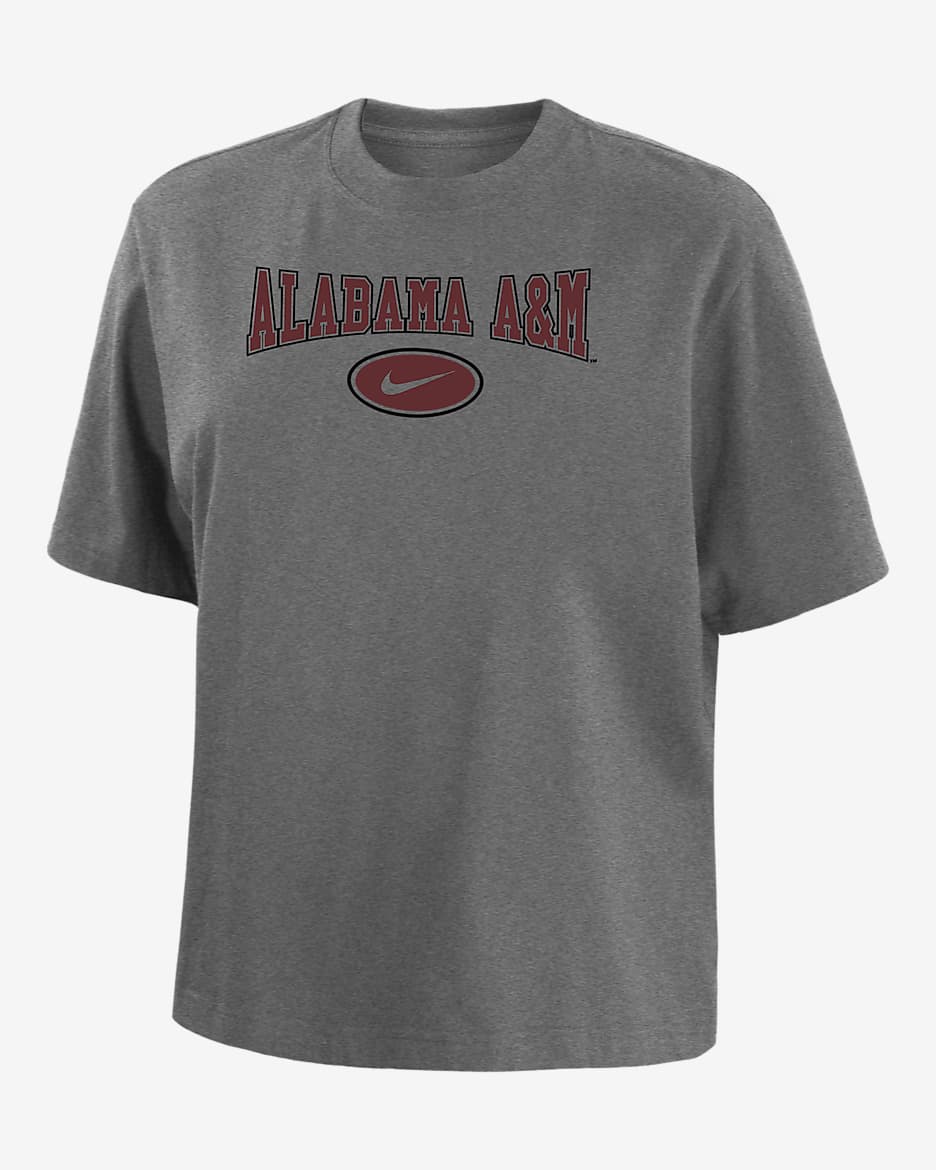 Playera de corte cuadrado universitaria Nike para mujer Alabama A&M - Gris oscuro jaspeado