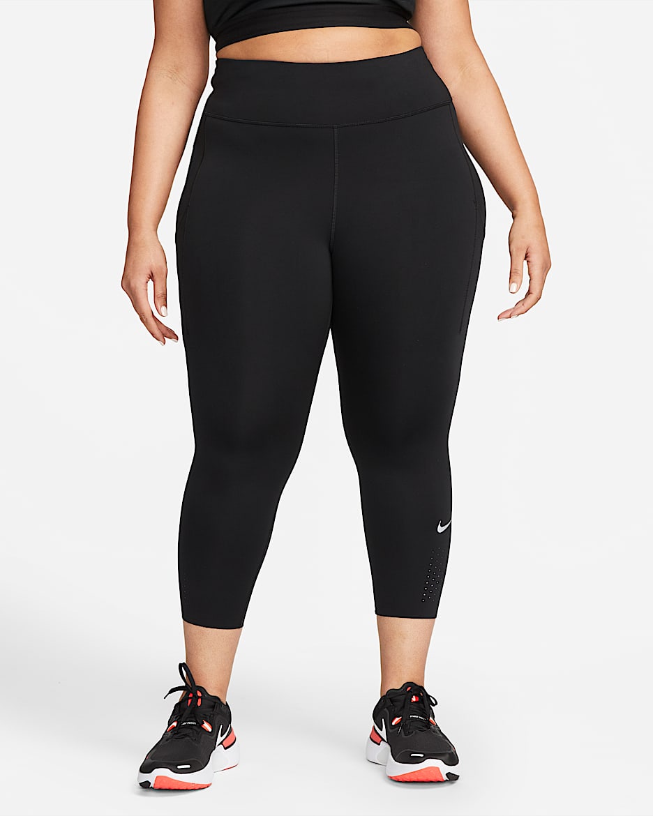 Korte Nike Epic Luxe-løbeleggings med lommer og mellemhøj talje til kvinder (plus size) - sort