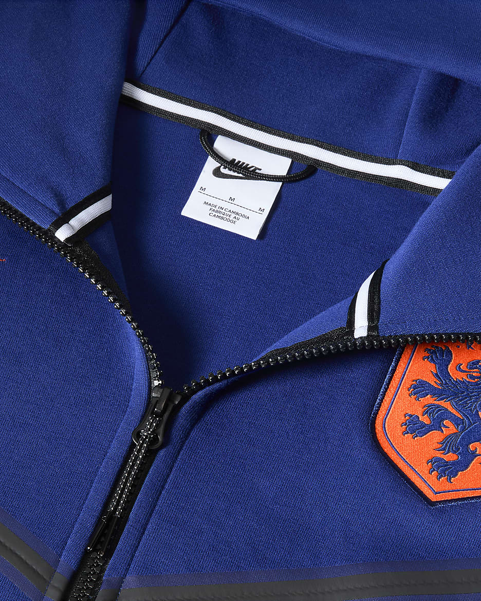 Pánská fotbalová mikina Nike Nizozemsko Tech Fleece Windrunner s kapucí a zipem po celé délce - Deep Royal Blue/Safety Orange