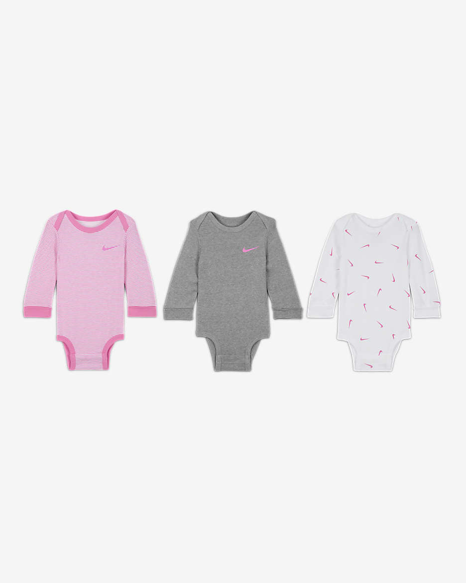 Långärmad body Nike Baby Essentials för baby (3-pack) - Vit/Playful Pink