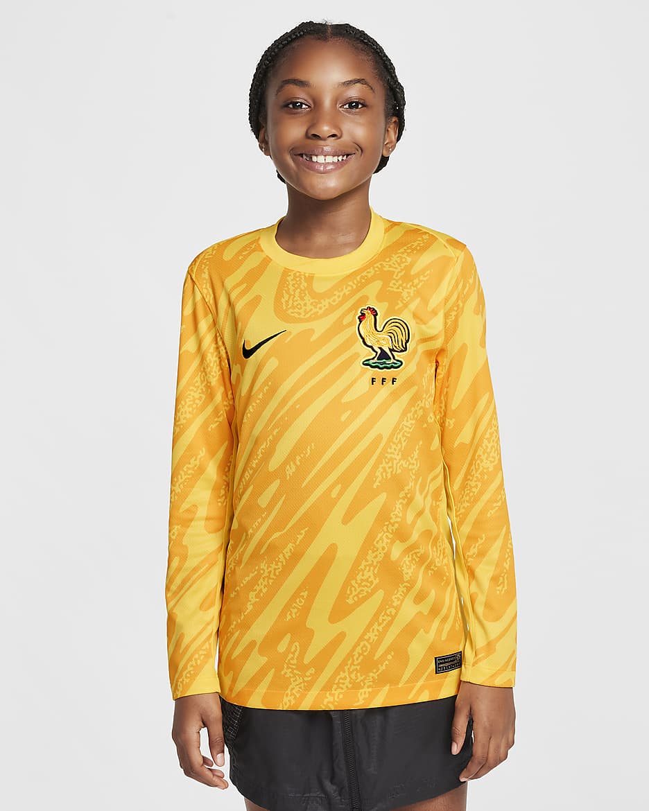 FFF (Women's Team) 2024/25 Stadium Goalkeeper Older Kids' Nike Dri-FIT Football Replica Shirt - Tour Yellow/University Gold/University Gold/Black