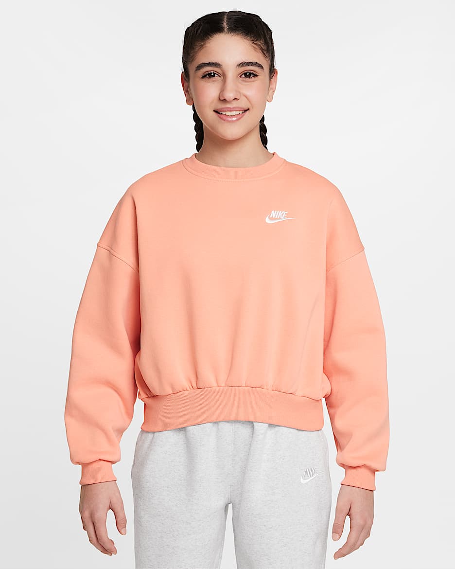 Sweat ample à col ras-du-cou Nike Sportswear Club Fleece pour fille - Apricot Agate/Blanc