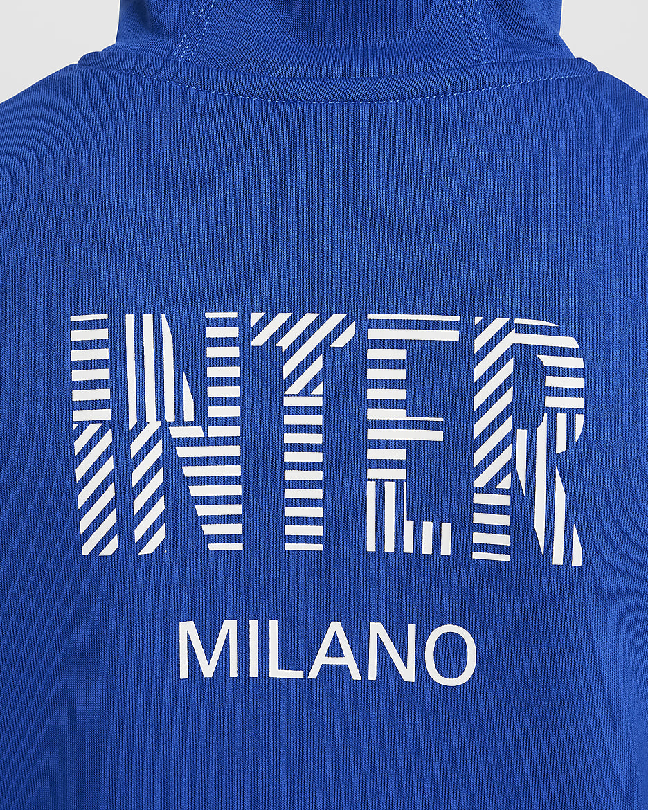 Inter Milan Club Home Nike Football-hættetrøje i french terry med fuld lynlås til større børn (drenge) - Lyon Blue/hvid