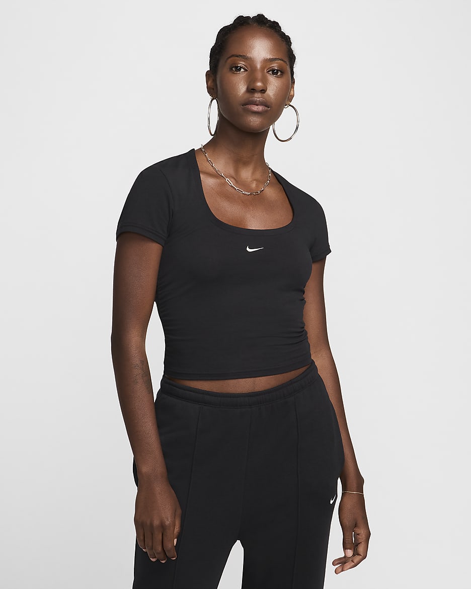 Playera de manga corta de cuello cuadrado para mujer Nike Sportswear Chill Knit - Negro/Vela